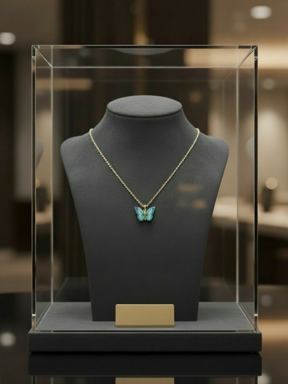 Gold-Plated Blue/Green CZ Butterfly Pendant Necklace, Titanium Steel Chain